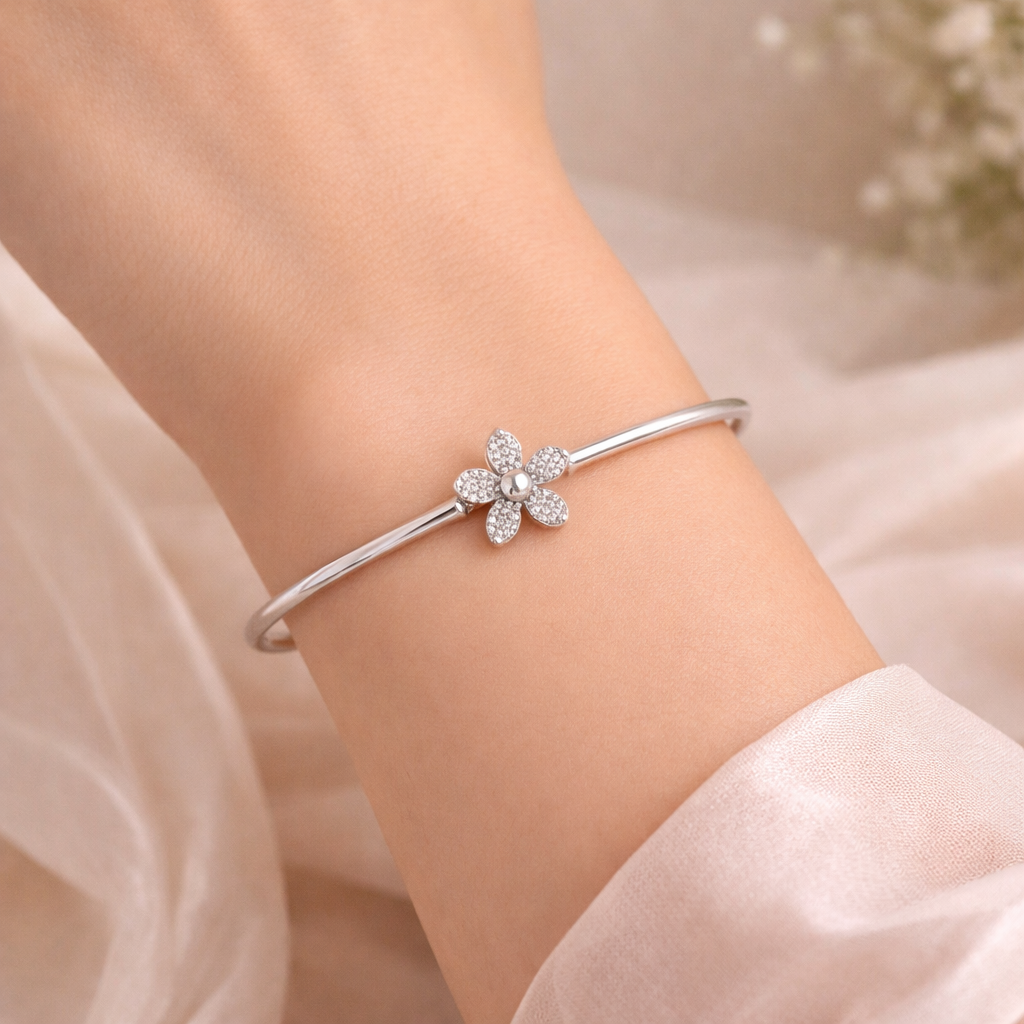 Crystal Blossom Open Bangle – Minimal Floral Adjustable Bracelet for Women | Elegant Everyday Jewellery