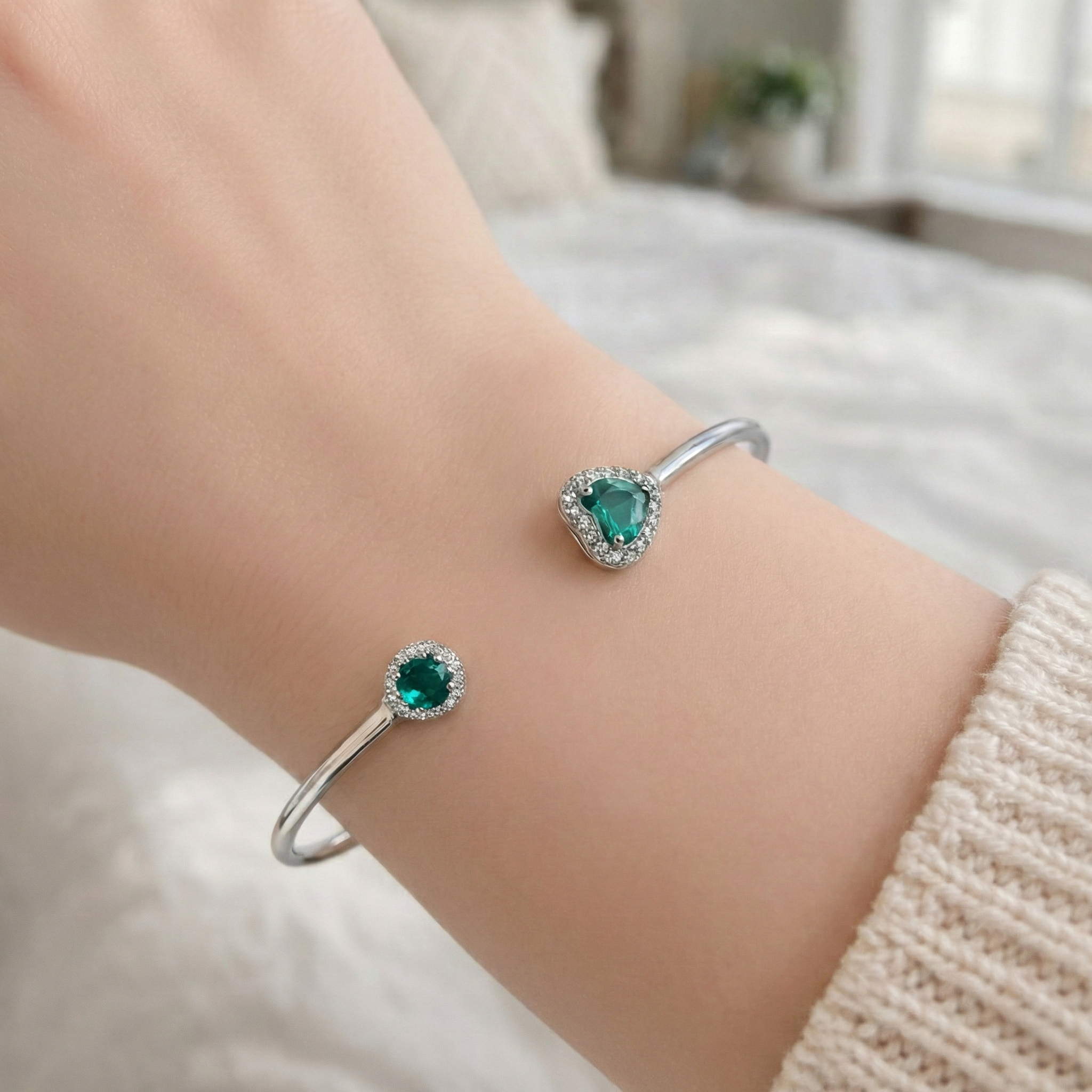 Emerald Duo Open Bangle – Minimal Elegant Adjustable Bracelet for Women | Contemporary Everyday Jewellery