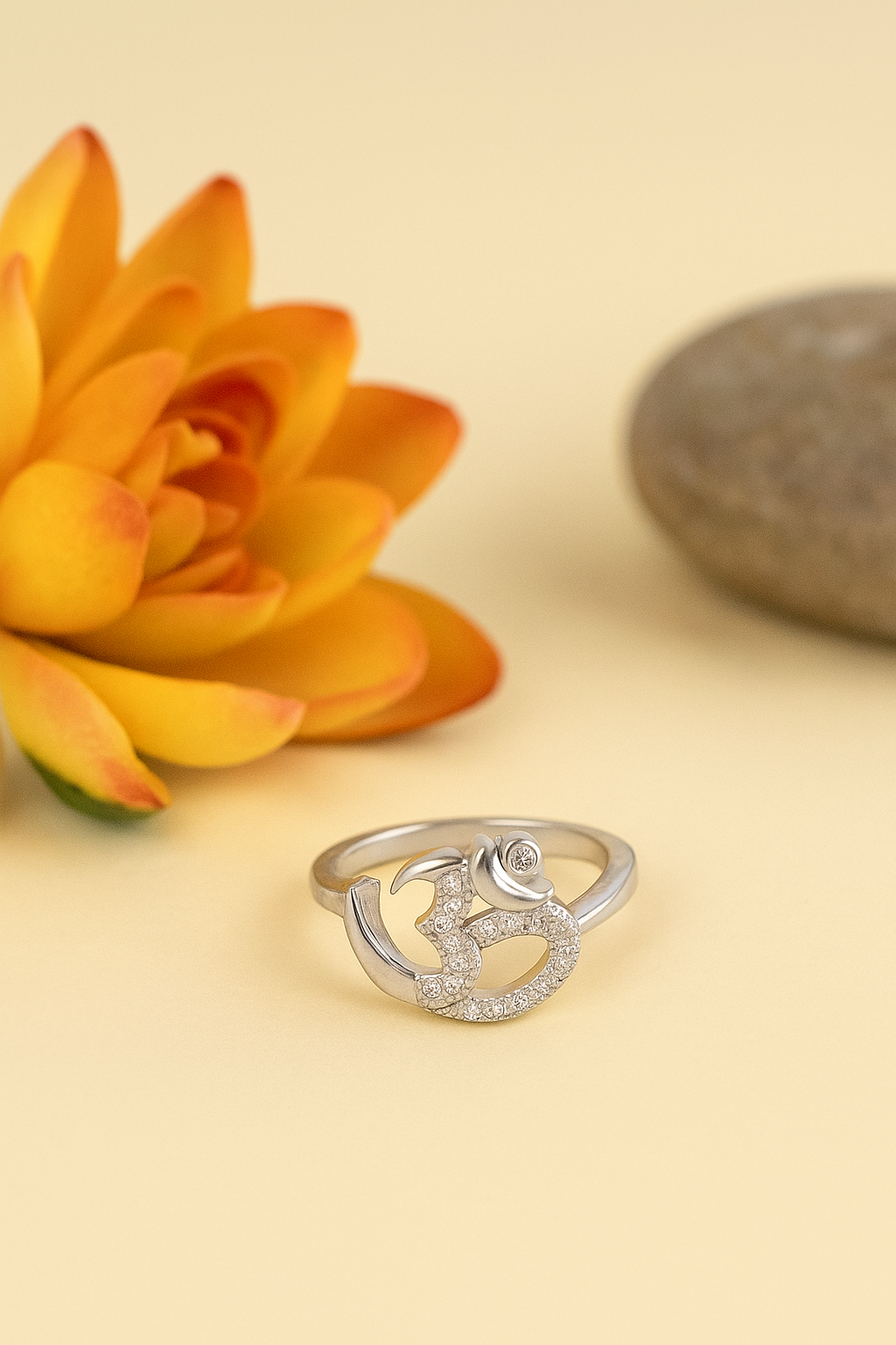 Silver Om Crescent Sparkle Ring