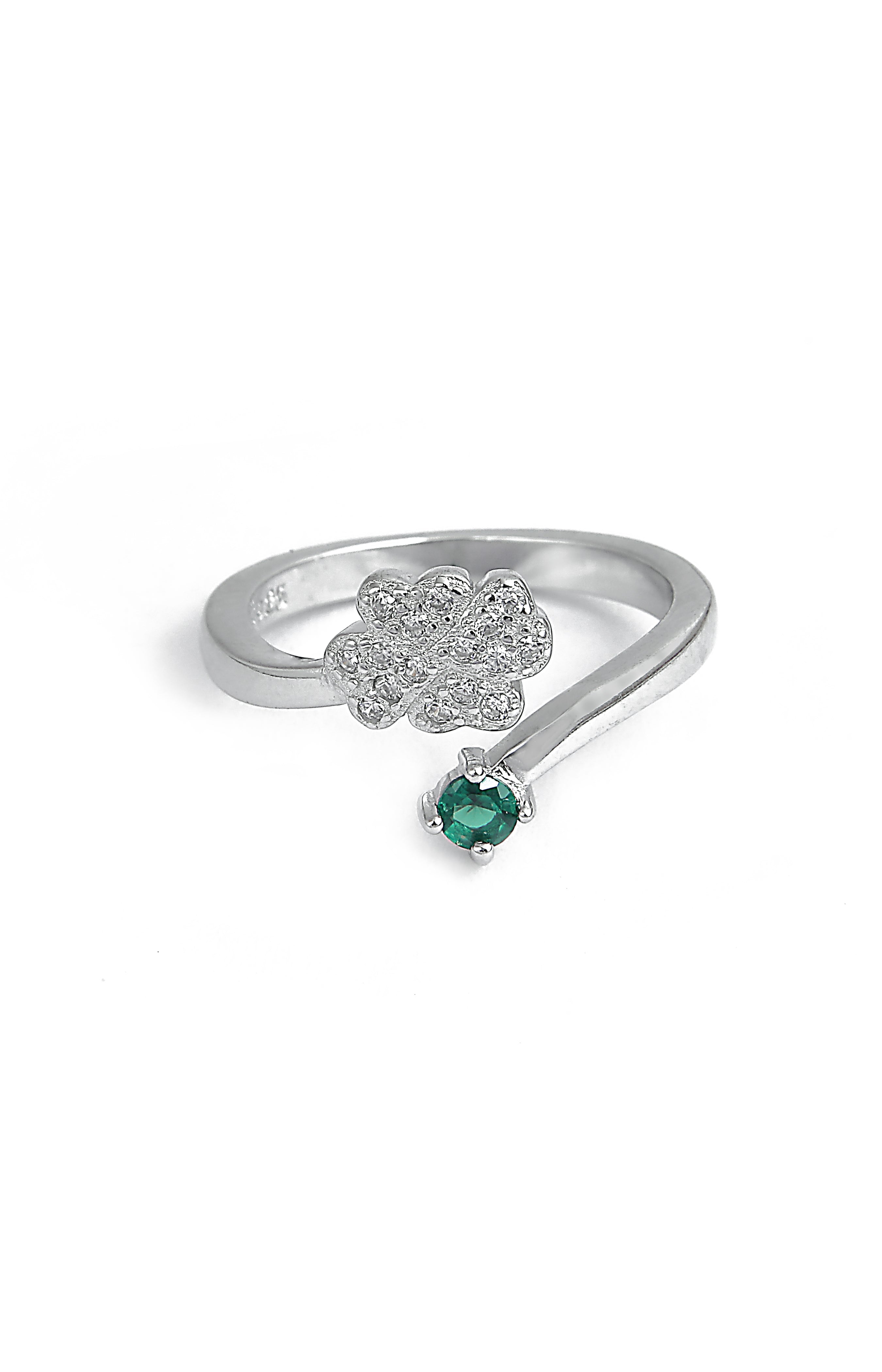 Silver Clover Emerald Ring
