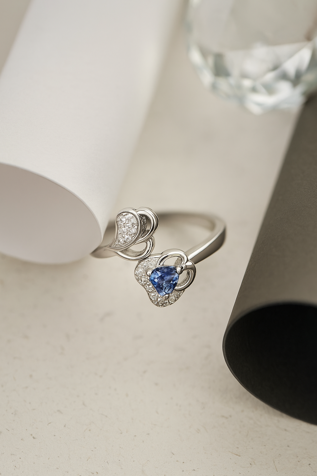 Sapphire Heart & Diamond Swirl Ring