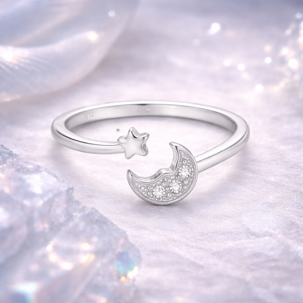 Open Moon Charm Ring – Minimal Adjustable Celestial Ring for Women | Elegant Everyday Symbolic Jewellery