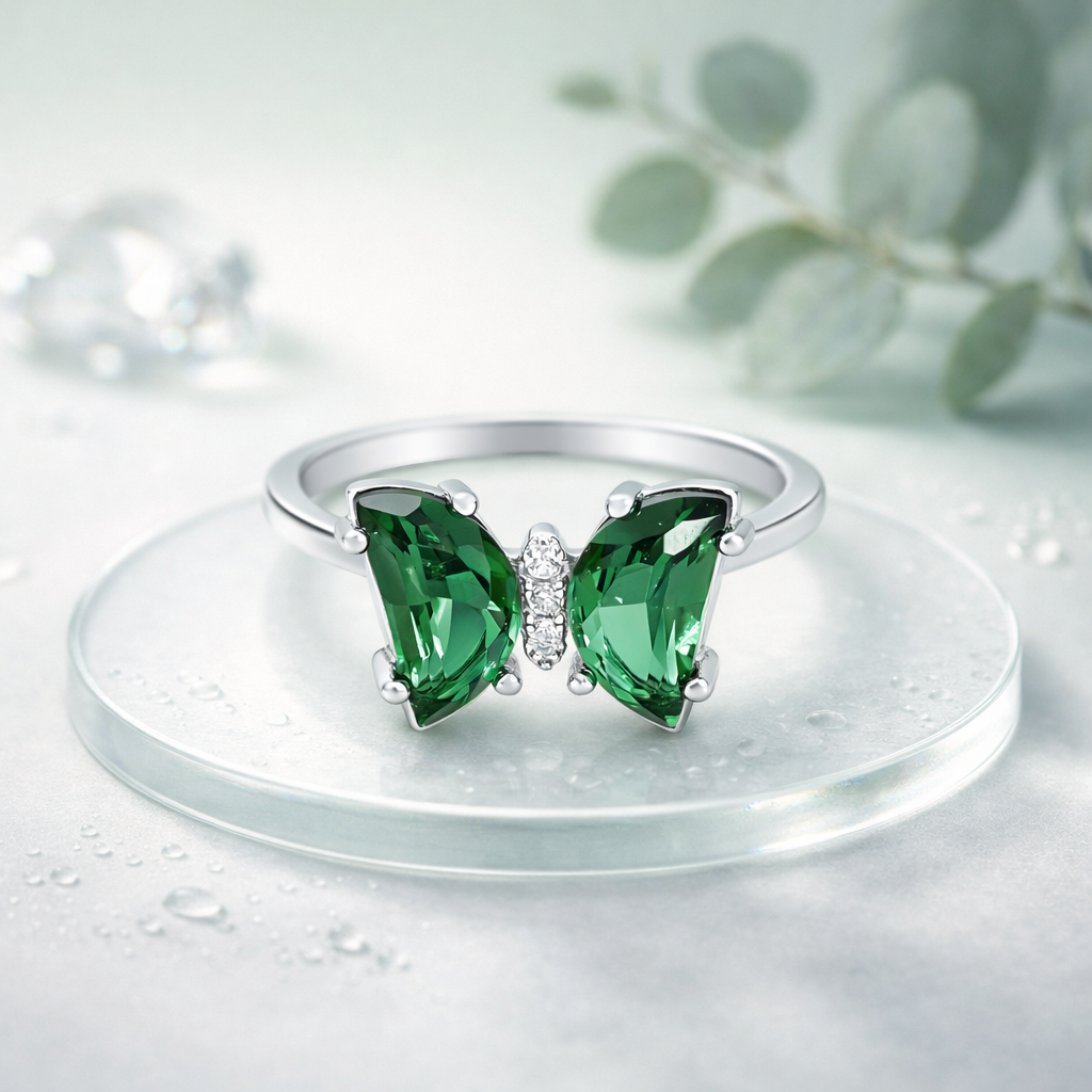 Green Butterfly Crystal Ring – Elegant Adjustable Minimal Statement Ring for Women | Everyday Fashion Jewellery