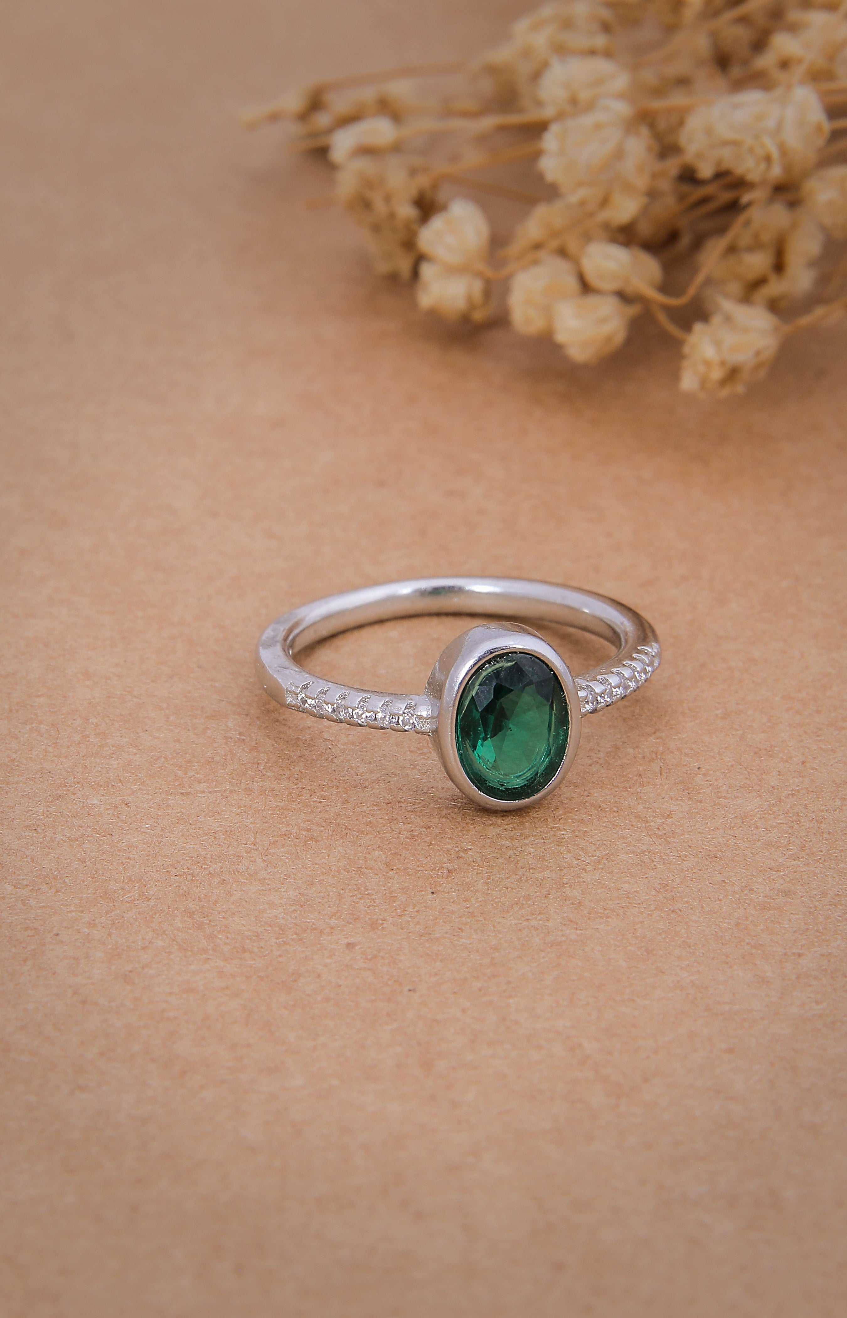 Emerald Glow Solitaire Silver Ring