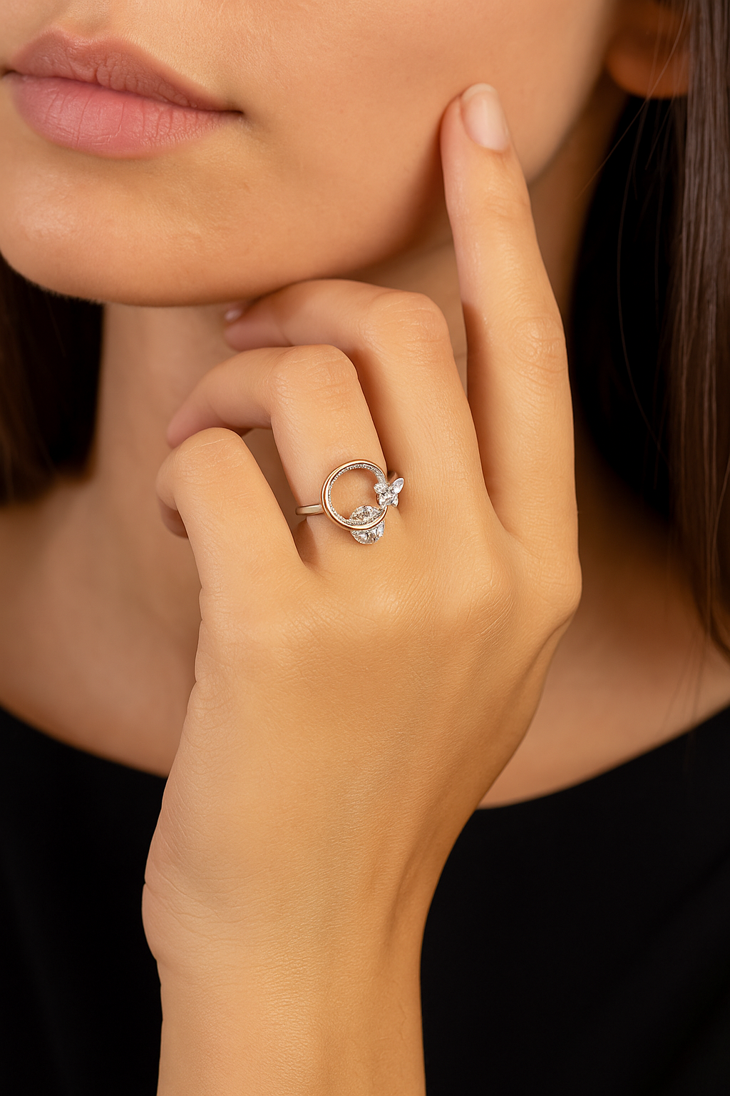 Silver Butterfly and Rose Gold Halo Ring