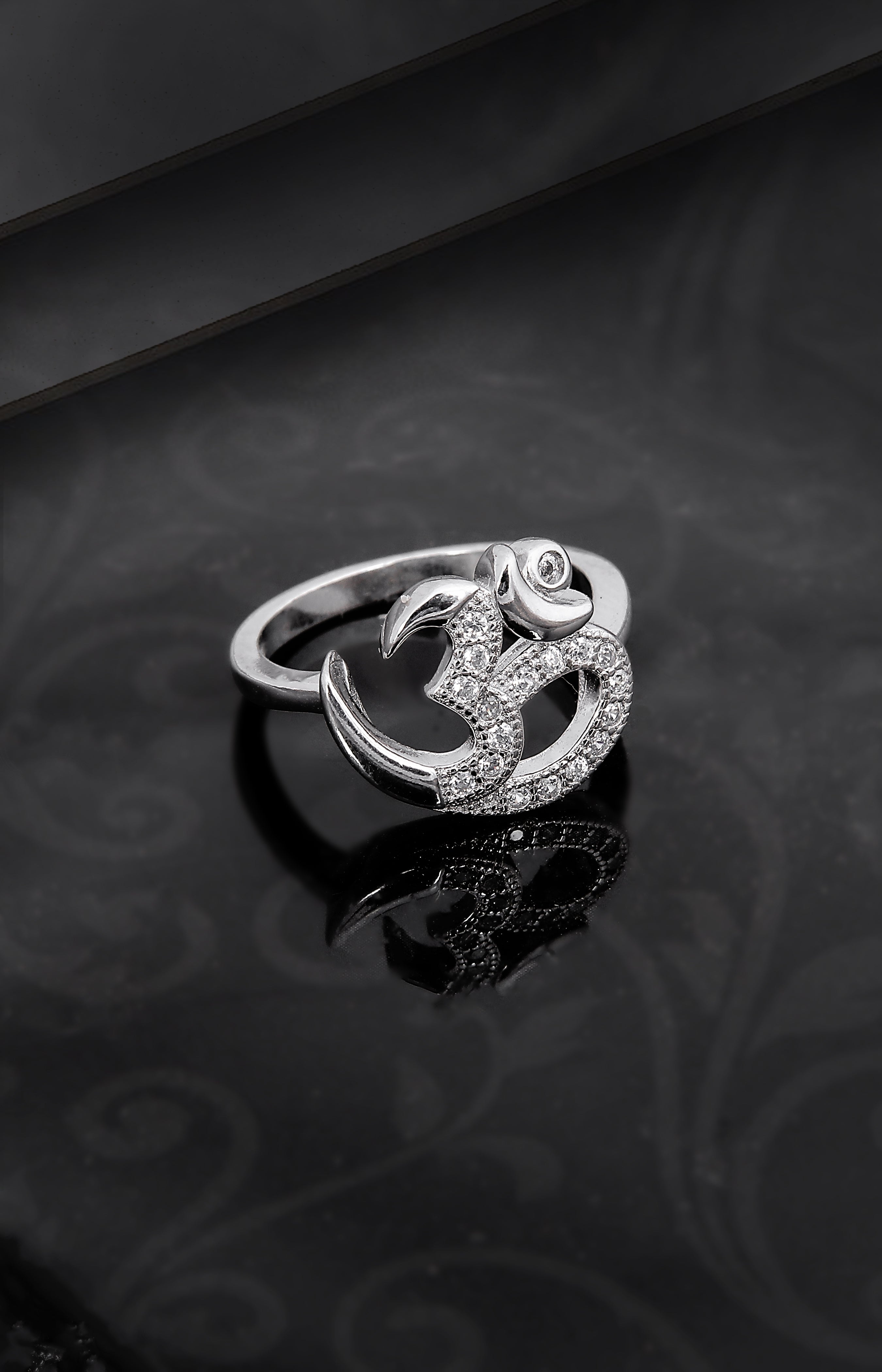Silver Om Crescent Sparkle Ring