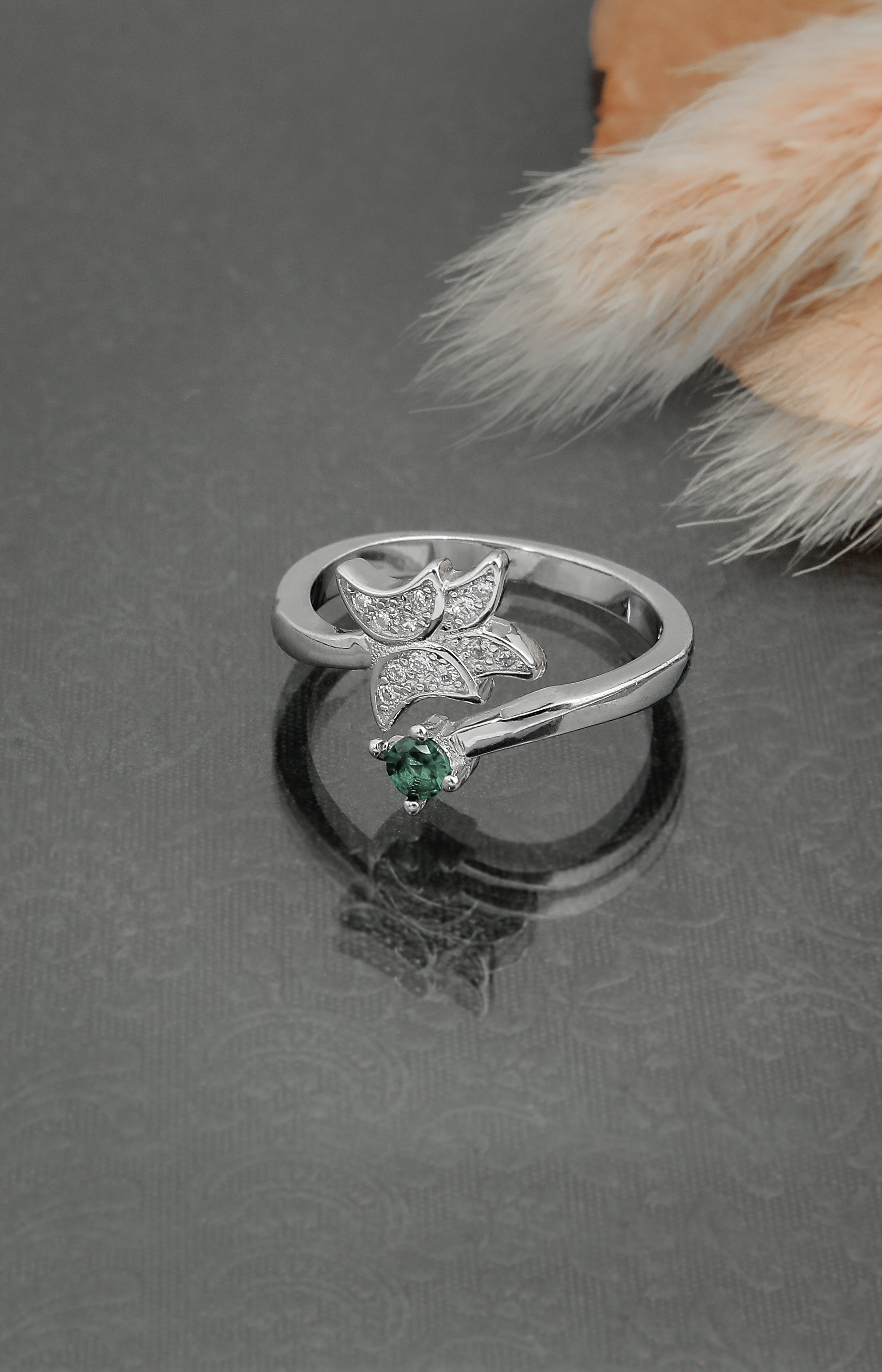 Silver Petal Emerald Ring