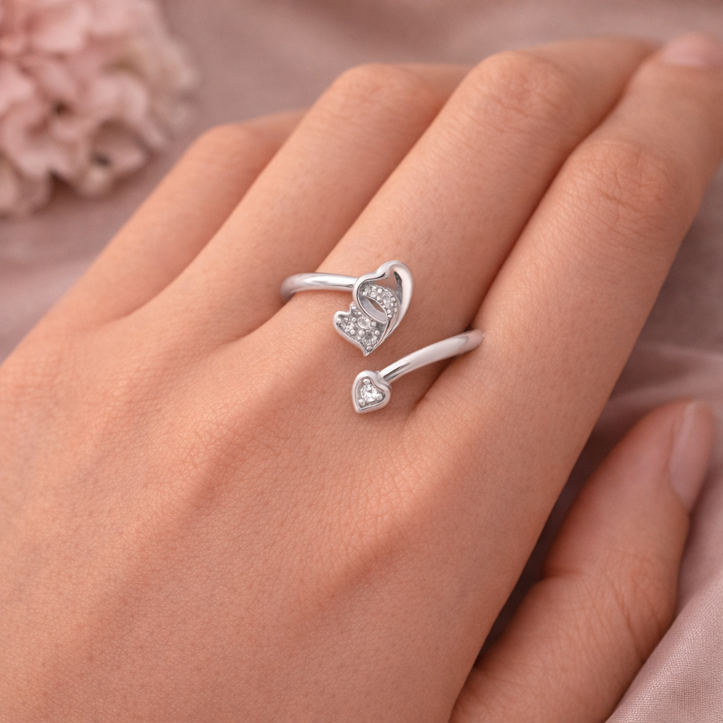 Dual Heart Whisper Ring – Open Adjustable Romantic Ring for Women | Minimal Symbolic Everyday Jewellery