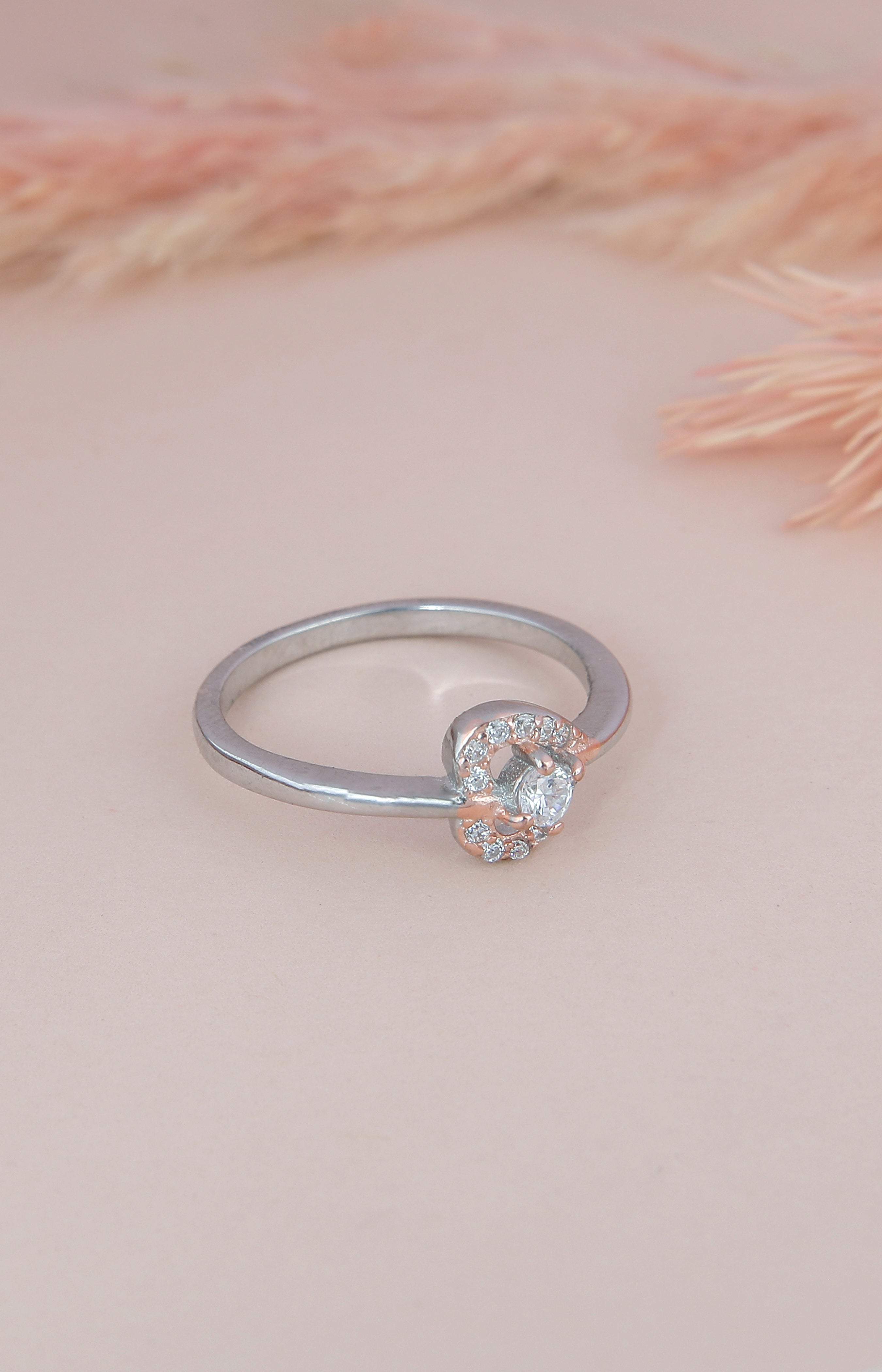 Silver Teardrop CZ Ring with Rose Gold Accents