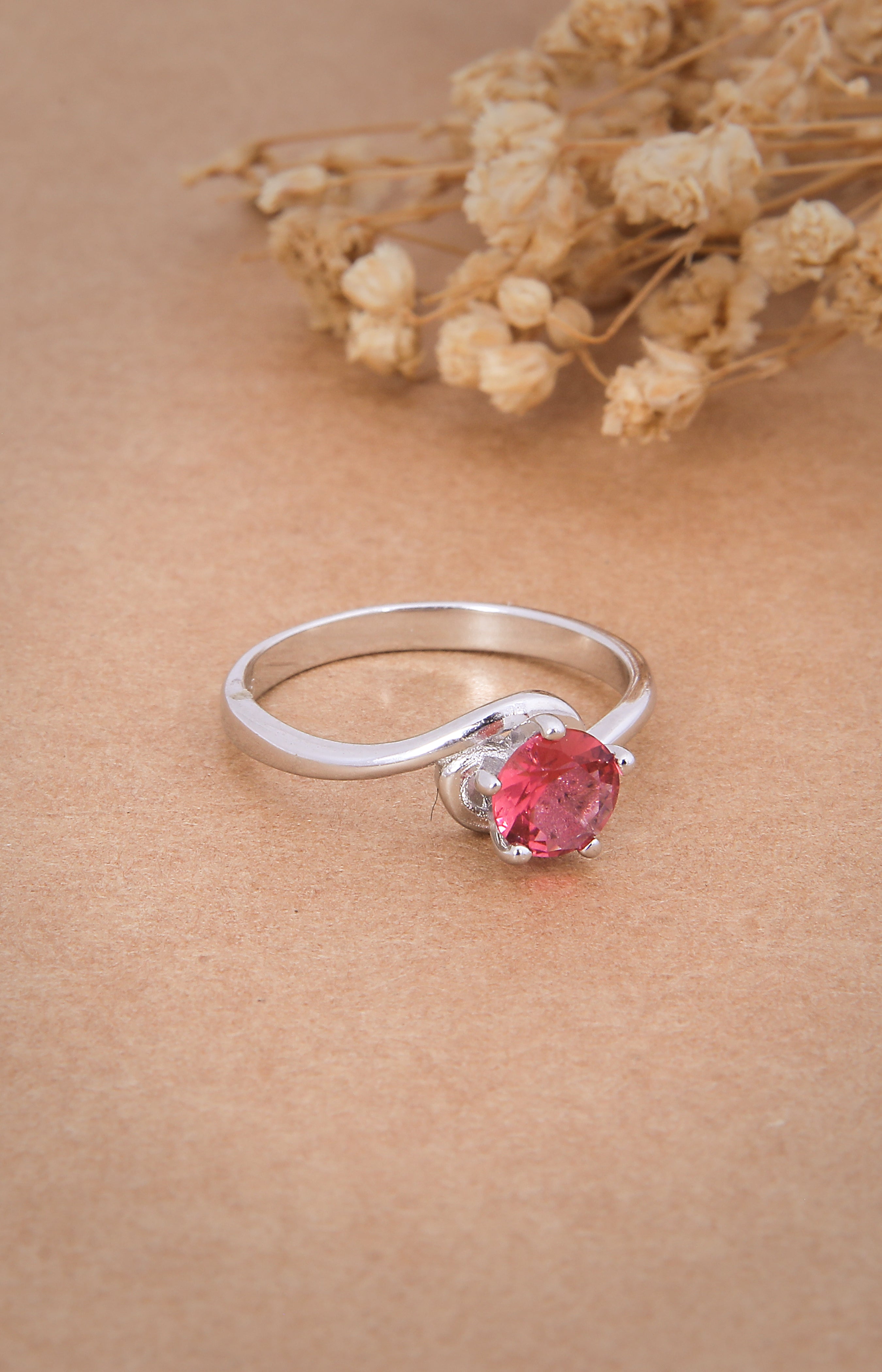 Silver Crimson Curve Solitaire Ring