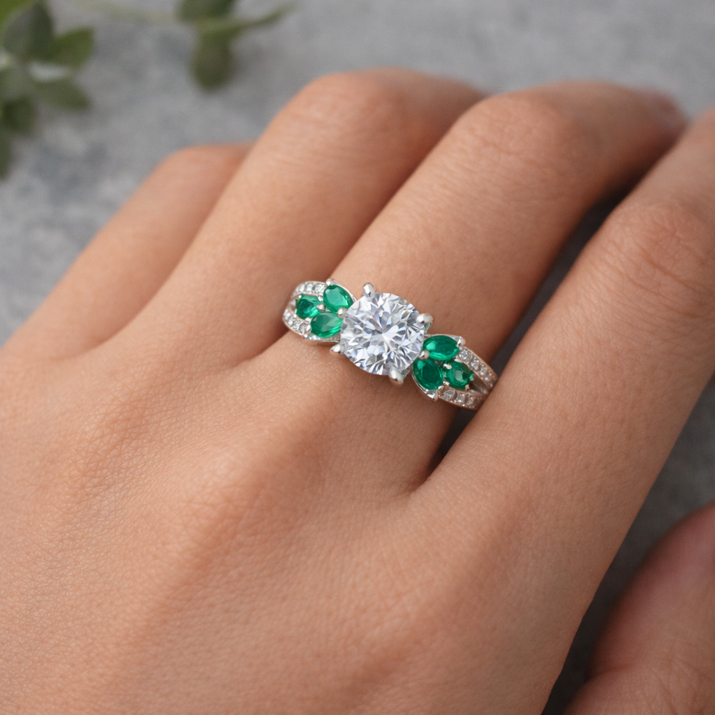 Classic Solitaire Ring with Green Accent Stones – Elegant Adjustable Statement Ring for Women | Minimal Luxury Jewellery