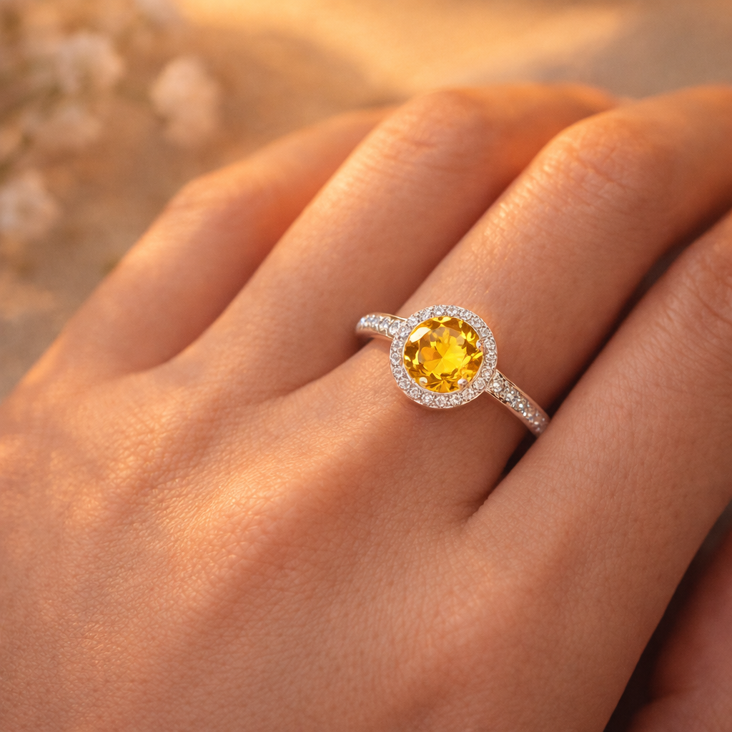 Yellow Crystal Halo Ring – Minimal Elegant Adjustable Ring for Women | Classic Everyday Statement Jewellery
