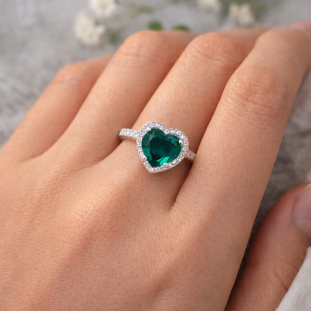 Green Heart Crystal Ring – Elegant Minimal Adjustable Ring for Women | Romantic Statement Everyday Jewellery