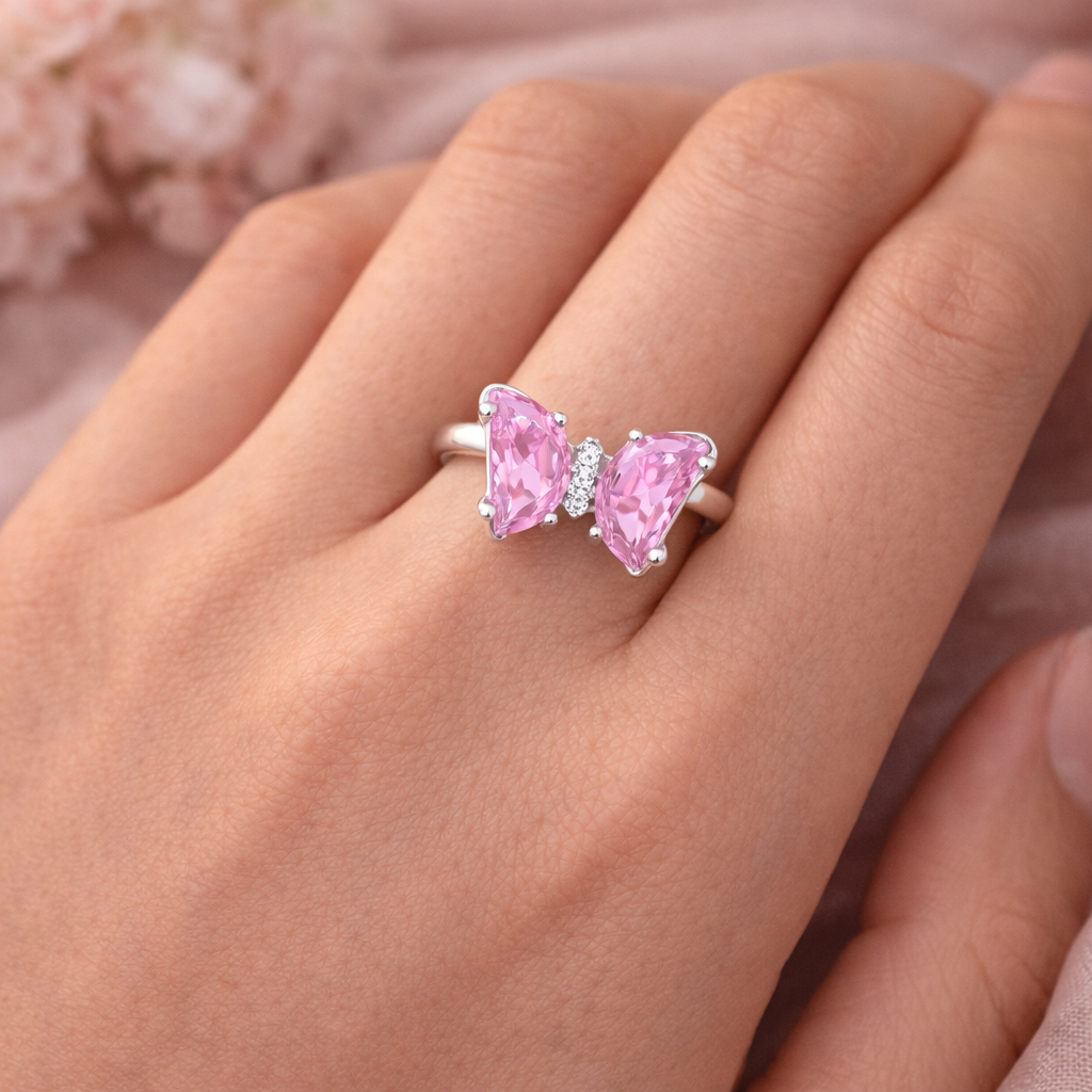 Pink Butterfly Crystal Ring – Cute Minimal Adjustable Ring for Women | Elegant Feminine Everyday Jewellery