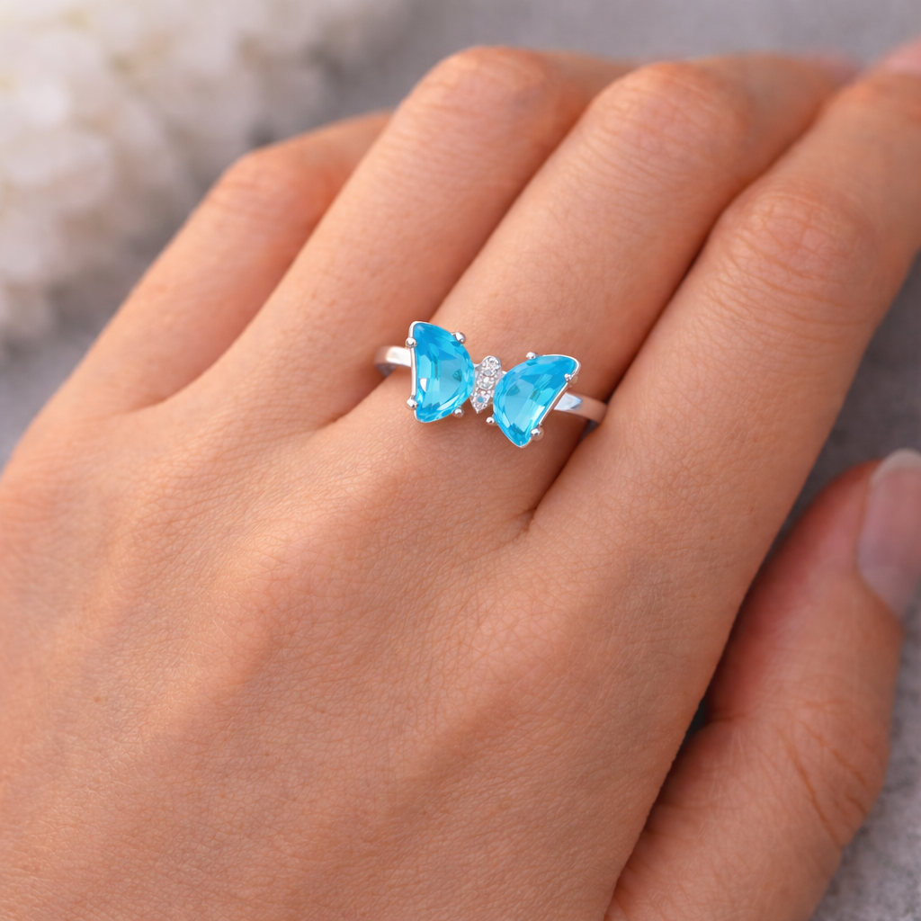 Blue Butterfly Crystal Ring – Cute Minimal Adjustable Ring for Women | Elegant Statement Everyday Jewellery